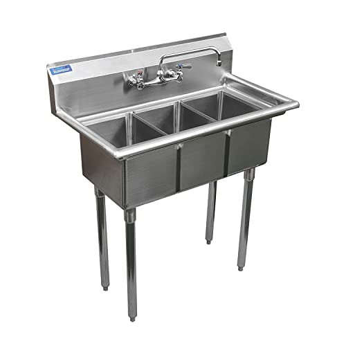 Image of Stainless Steel Sink - 3 Compartment Sink 10 inchx14 inchx10 inch with Legs and Faucet | Utility | Commercial | Laundry | Kitchen | NSF