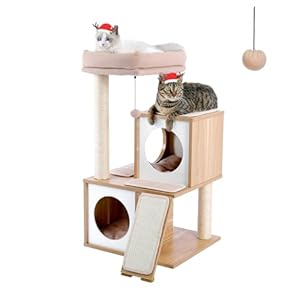 PAWZ Road Cat Tree 35 Inches Wooden Cat Tower with Double Condos, Spacious Perch, Fully Wrapped Scratching Sisal Posts and Replaceable Dangling Balls-Walnut