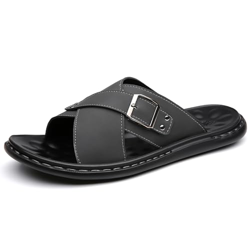 Men's Leather Buckle Flat Slides Sandals with Hand Stitched Comfortable Open Toe Anti-Slip Soft Sole Slip On Slippers Summer Lightweight Casual Walking Beach Sandals
