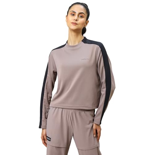 Image of TECHNOSPORT Womens Polyester Crew Neck Slim Fit Color Blocked Crop Sweatshirt Quick Dry & Antimicrobial