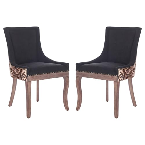 Yayzy Modern Dining Chairs Set of 2, Upholstered Fabric High Back Dining Chairs with Nailhead Trim & Solid Wood Legs for Dining Room & Kitchen, Black & Leopard Print