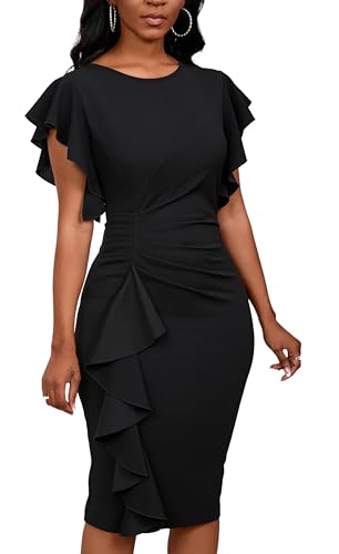 Womens Short Ruffle Sleeve Church Dress 50S Vintage Crew Neck Bodycon Work Pencil Midi Dress3