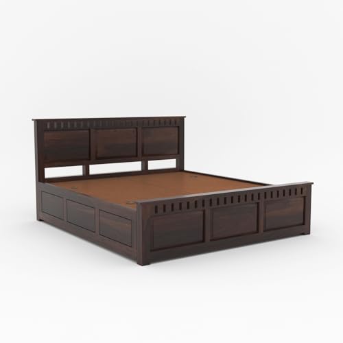 Image of Sheesham Wood King Size Bed with Storage Box | Wooden Box Bed King Size Double Cot Bed with Storage for Bedroom | Premium Kuber Dalla Design Headboard Bed for Hotel, Home | Walnut Finish