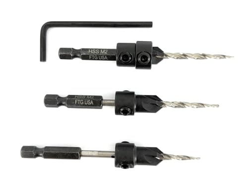 Image of FTG USA 3-Pk #6 (9 /64 inch) Countersink Drill Bit Set, 1 Stop, 1 Wrench & Case