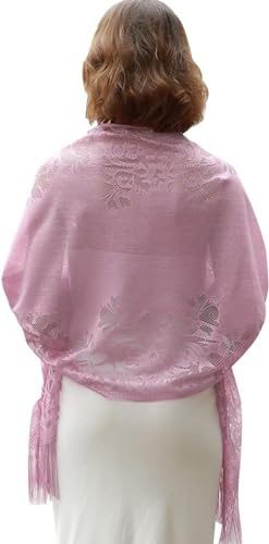 Women's Floral Lace Scarf Shawl with Tassels, Soft Mesh Fringe Wraps for Wedding Evening Party Dresses