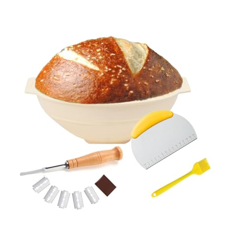 OHAOLYLE Silicone Bread Proofing Basket,9 Inch Round Foldable Sourdough Starter Kit with Silicone Basting Brush, Plastic Bread Scrapers,Bread Lame