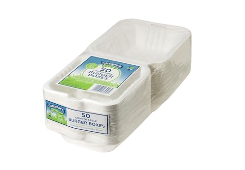 Caterpack Enviro Range Burger Boxes 6 x 6 50 Pack. Disposable, biodegradable burger boxes. Suitable for microwaving and freezing, water repellent and greaseproof