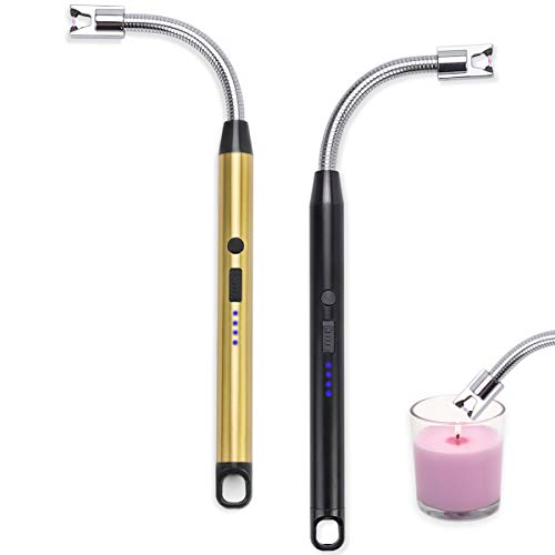 Candle Lighters, Arc Lighter USB Rechargeable with Power Indicator, Long Flexible Lighters for Candle, Barbecue, Stove, Camping Black & Gold (2Pack)