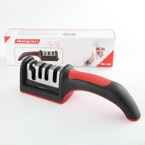 lk dog 4-in-1 Kitchen Knife Sharpener, Professional Grade with Tungsten Steel and Ceramic Slots, Scissor Sharpening, Black/Red
