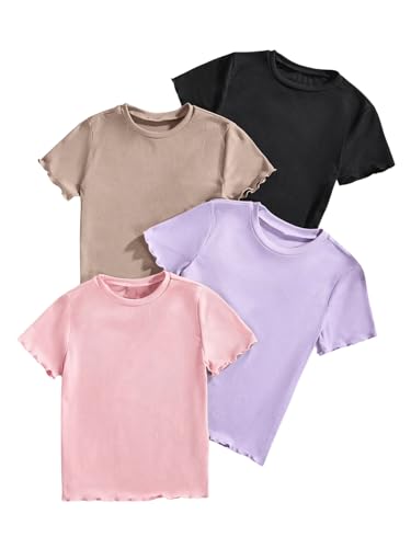 SweatyRocks Girl's 4 Pack Lettuce Trim T Shirt Ribbed Knit Short Sleeve Crew Neck Solid Tee Tops