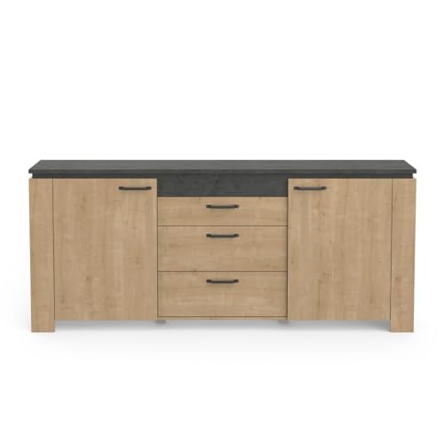 Demeyere CaliCosy Buffet 2 Portes et 3 Tiroirs- Décor Chêne et Gris Anthracite- Fabrication Française- Style Contemporain- pour Salon- L203,80 cm x l42 cm x...