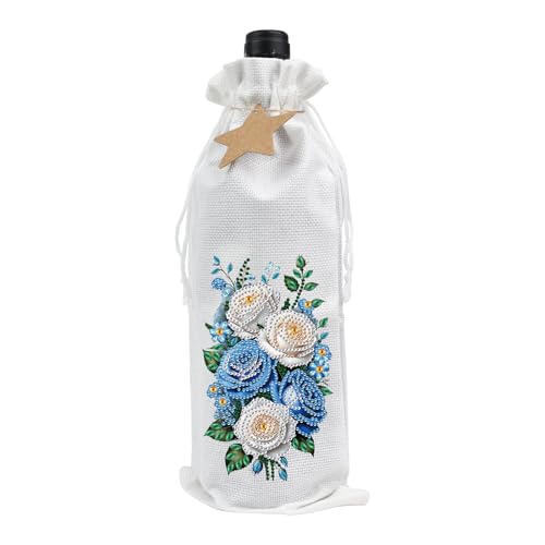 Image of DIY 5D Diamond Painting Gift Wrap, Special Shaped Diamond Art Linen Cover for Champagne Bottles, Party Supplies for Christmas Wedding Birthday Holiday (Blue White Rose)
