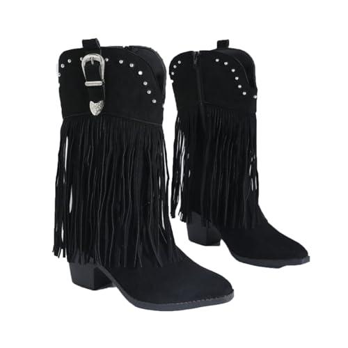 MJGkhiy Botas Camperos Mujer con Flecos, Botines Cowboy Western Texani Zapatos de Punta de Invierno Cálido Bota Altas con Tacón de Bloqueo Ante Botines Marrones Negros, Negro , 43 EU
