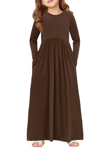 Haloumoning Girls Maxi Dress Long Sleeve Casual Holiday Dress with Pockets for 5-14 Years Brown