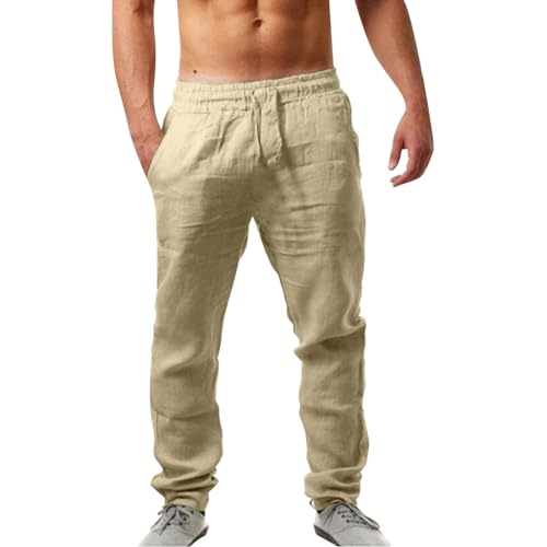 Generico Pantaloni Lino Uomo Estivi Casual Leggeri Larghi Sportivi Pantalon Elastico in Vita Comodi Pantalone Yoga da Spiaggia con Tasche Pantaloncini Loose Fit Lino Pants Comodo Pantaloni