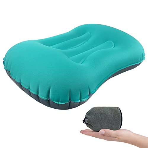 VUNKQU Reisekissen Aufblasbar, Aufblasbares Kopfkissen Camping mit eingebauter Handpumpe Unterwegs Aufblasbar Kissen Campingkissen Travel Pillow für Camping, Outdoor, Reise, Flugzeug, Büro (Hellblau) Cover