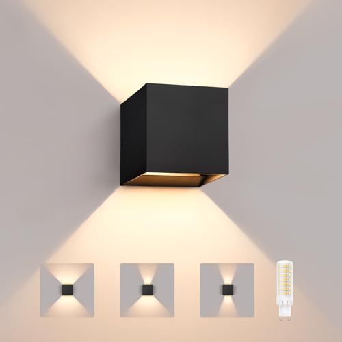 YindaLux LED Aussenlampe IP65 Wandleuchte für Innen/Außen mit Austauschbarer G9 LED 3000K Up Down Licht mit Einstellbarem Abstrahlwinkel für Flur Terrasse Eingang Wohnzimmer Schwarz