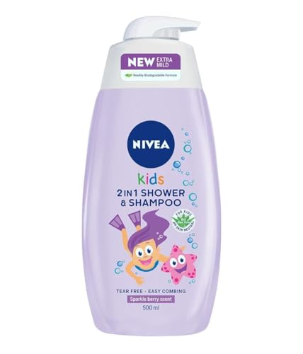 Nivea Kids Hair & Body Shampoo 500ml Sparkle Berry 3 in 1 for Children No-tear Formula Easy Brushing Organic Aloe Vera Skin Neutral Ph Chamomile Soap-free Formula (Pack of 2)