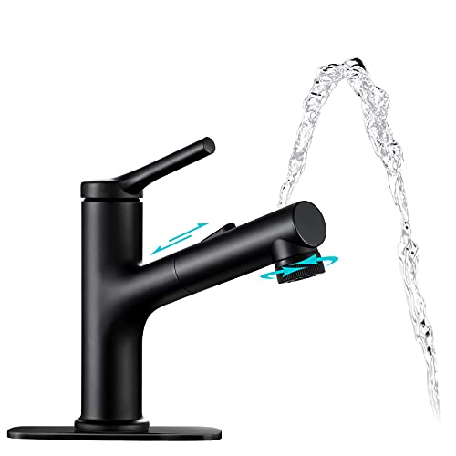 Bathroom Faucet with Pull Out Sprayer, ARRISEA Fountain Single Handle Black Bathroom Sink Faucet with 6 Inch Deck Plate, Three Water Flow Modes Pull Out Lavatory Vanity Basin Faucets Updated Version