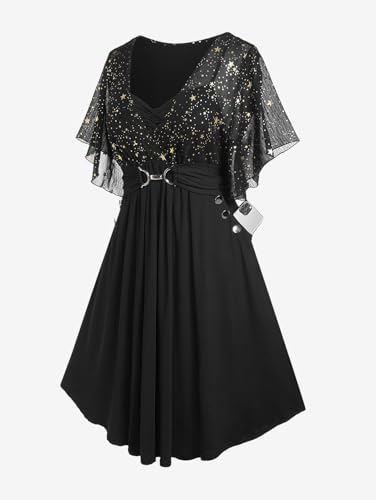 Image of Rosegal Plus Size Women Sparkly Star Print Cocktail Dress with Pocket | Bridesmaid,wedding guest,semi formal dress,knee length,butterfly sleeves,functional pockets,versatile occasion wear