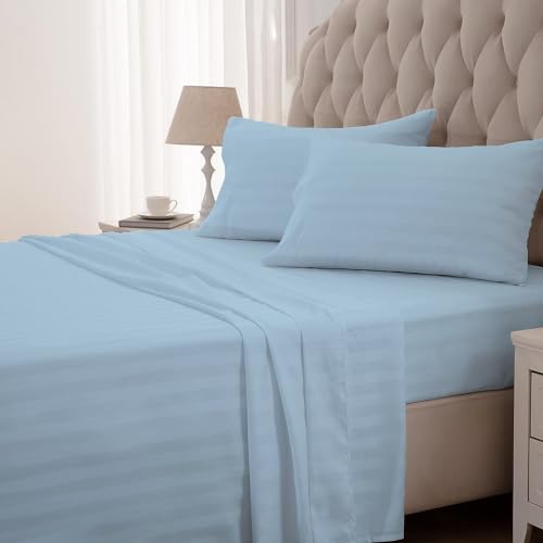 Image of Queen Bedsheet 100% Egyptian Cotton - 400 Thread Count Sheet Set - Includes 1 Flat Sheet & 2 Pillowcases - Durable, Breathable, Luxury Feel, Hotel Style - Sky Blue Striped