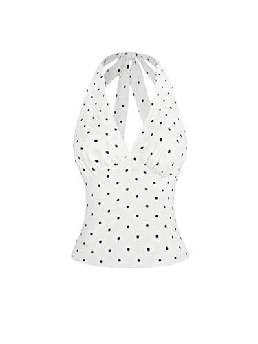 Milumia Women's Polka Dot Halter Top Deep V Neck Sleeveless Tie Backless Tank Tops Party Club White