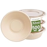 [500 Set]Sugarfiber by Harvest Pack 32oz Round Paper Bowls with Flat Lids - Compostable Heavy-Duty Eco-Friendly Disposable Bagasse Bowls Sugarcane Natural plant fibers for Meal Prep