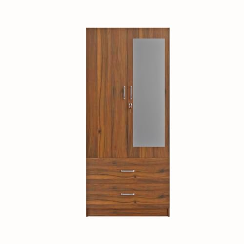 Image of VIKI Wardrobe | Albarracin Wardrobe | Wooden Almirah for 2 Door Wardrobe with 2 Drawer & Hanging Space with Mirror (Brussel Walnut - 40D x 80W x 180.8H) | 1 Year Warranty | Free Assembly