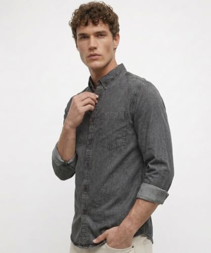 Image of Amazon Brand - INKAST Men Washed Cotton Twill Denim Casual Button Down Shirt | Full Sleeves | Regular Fit | Stylish Summer - Everyday Wear