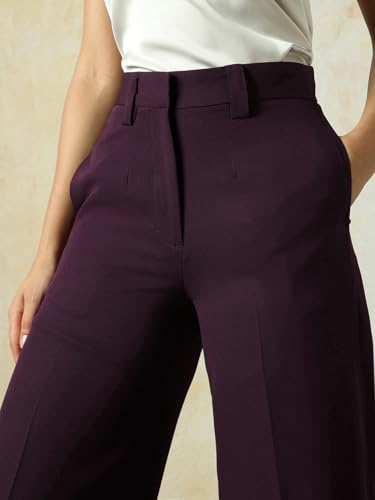 Image of High Star Women High Rise Solid Regular Length Wide Leg Casual Trousers
