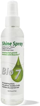 BIO7 SHINE SPRAY W/ BIOACTIVE BIOTIN, COLLAGEN, KERATIN + TEA TREE/GINGER-MINT – 6 Fl Oz – Leave Natural Hair, Wigs, and Weaves with a Glossy Shine, Restore Hair Growth, No Weighting Down, Non-Grease, Soothe Scalp, Hydrate Dry and Itchy Hair – By Natures