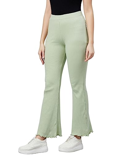 Image of BLINKIN Women's Stretch Fit Mid Rise Ribbed Stretchable Flared Pants | Boot Cut Bell Bottom Pants - Ideal for Yoga & Gym Wear, Casual Wear & Office Wear Trousers