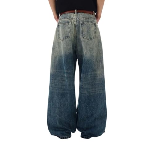 Men’s Single Breasted Distressed Denim Jeans, Vintage Gradient Color, Wide Leg, Loose Fit3
