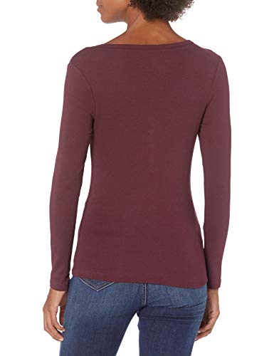 Amazon Essentials Women's Ribbed Knit Long Sleeve Henley Slim Fit T-Shirt, Burgundy, Small