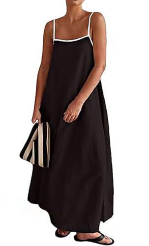Image of Womens Summer Linen Maxi Dress Contrast Trim Spaghetti Straps Backless Sleeveless Long Flowy Dresses