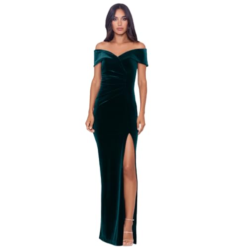 Xscape Women's Long Velvet Off-The-Shoulder Gown with Leg Slit and Center Back Zipper