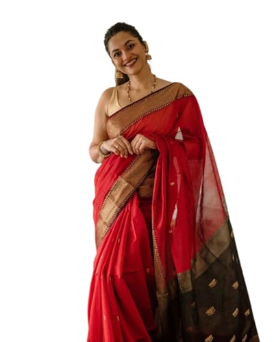 Flosive Women's Woven Cotton Silk Saree With Unstitched Blouse Piece (Red)