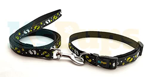 Image of Dog Collar Leash Set Puppy Printed - Adjustable 15 MM Nylon Collar with Leash for Small Pet and Puppies, Color-Full Collar Leash Set for Puppies, Dog & Cat (15mm Paw Print (Black))