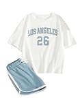 Floerns Girl's 2 Piece Outfits Graphic Print Drop Shoulder Tee & Contrast Binding Track Shorts Clothing Set Blue and White 10Y