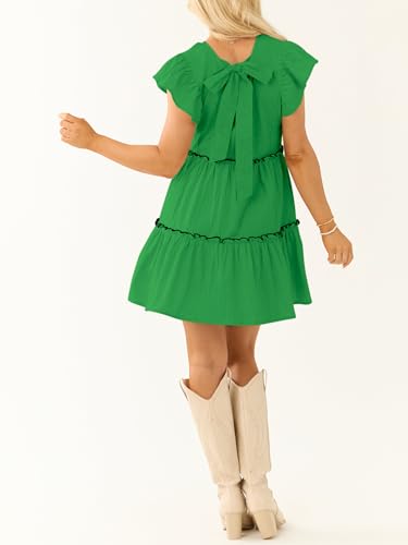 Image of Women's Summer Babydoll Mini Dress V Neck Tie Back Ruffle Sleeve Casual Tiered Loose Flowy Swing Tunic Shift Dress