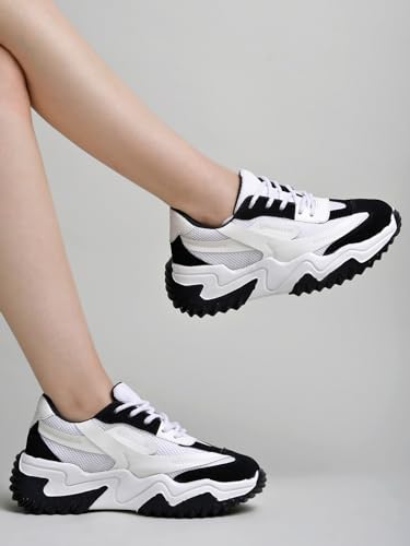 Image of Chunky Platform Sneakers for Women Colorblock || Lace-Up Athletic Shoes with Wavy Sole Design Casual and Party