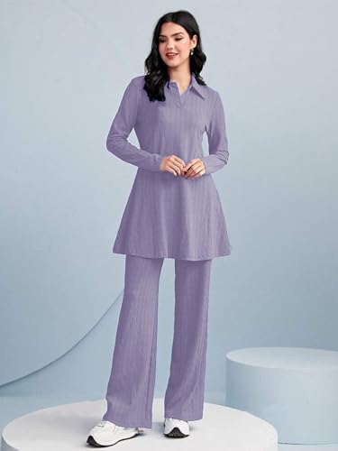 Image of TADKEE Women's Solid Color Two-Piece Set | Long Sleeve Top & Wide Leg Pants Co-ord Set | Casual Wear Co ord Set