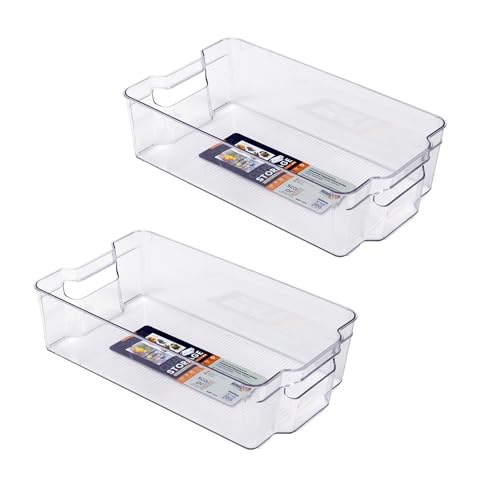 Image of Plastic Pantry Organizer Bins | Fridge Storage Boxes | Refrigerator Containers | Organiser for Pantry, Cabinet, Freezer | Containers for Food, Drinks & Snacks (Medium, 32x21x9, Pack of 2)