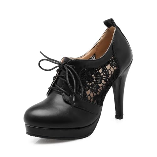 MISSUIT Damen High Heels Stiletto Pumps mit Schnürung Plateau 10cm Absatz Cut Out Spitze Elegant Schuhe(Schwarz,40)