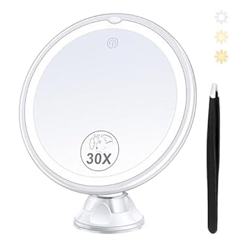 Foto di MIYADIVA Specchio Ingranditore con Luce 30X, Specchio Bagno con Ventosa, 3 Modalità di Colore e Luminosità Regolabile, specchio per bagno 20 cm