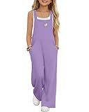 YooAurvox Girls Overall Jumpsuit Straight Leg Sleeveless Knit Pants for 5-14 Years Kids Casual Basic Rompers with Pockets(13-14 Y,Light Purple)