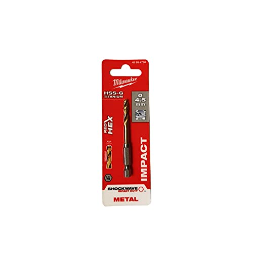 Milwaukee Shockwave Metal Drill Bit HSS-G Red Hex Titanium 1/4 Inch 4.5 x 76 mm 1 Milwaukee Shockwave Metal Drill Bit HSS-G Red Hex Titanium 1/4 Inch 4.5 x 76 mm