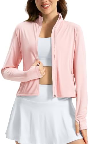 Soothfeel Women's UPF 50+ Sun Protection Athletic Jacket Lightweight Crop Zip Up Long Sleeve SPF Shirts Hiking Workout Pocket Light Pink S