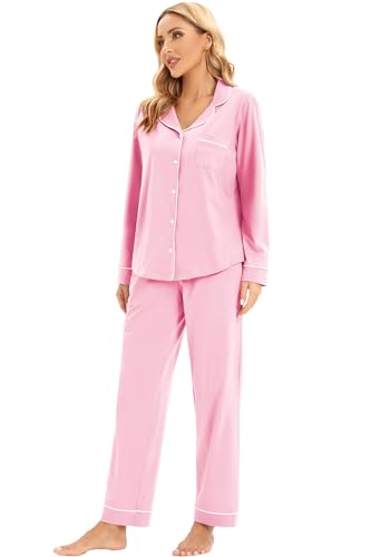 Image of LUBOT 100% Cotton Pajamas for Women PJ Set Soft Button-Down Long Sleeve Shirt Two-piece Set Warm Sleepwear Loungewear Set (Pink, L)