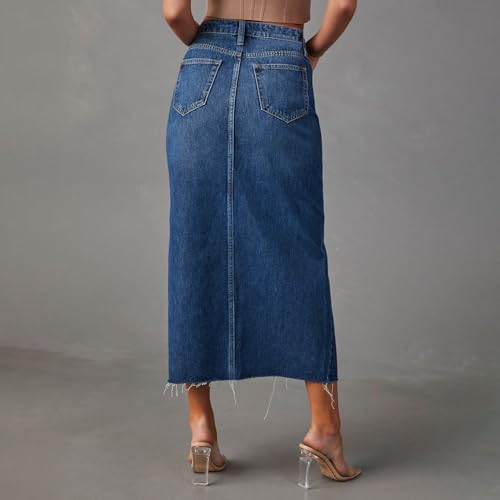 Women's Long Denim Skirt Slit Front High Waist Frayed Raw Hem Midi Jean Skirt Casual Pencil Skirt with Pockets3